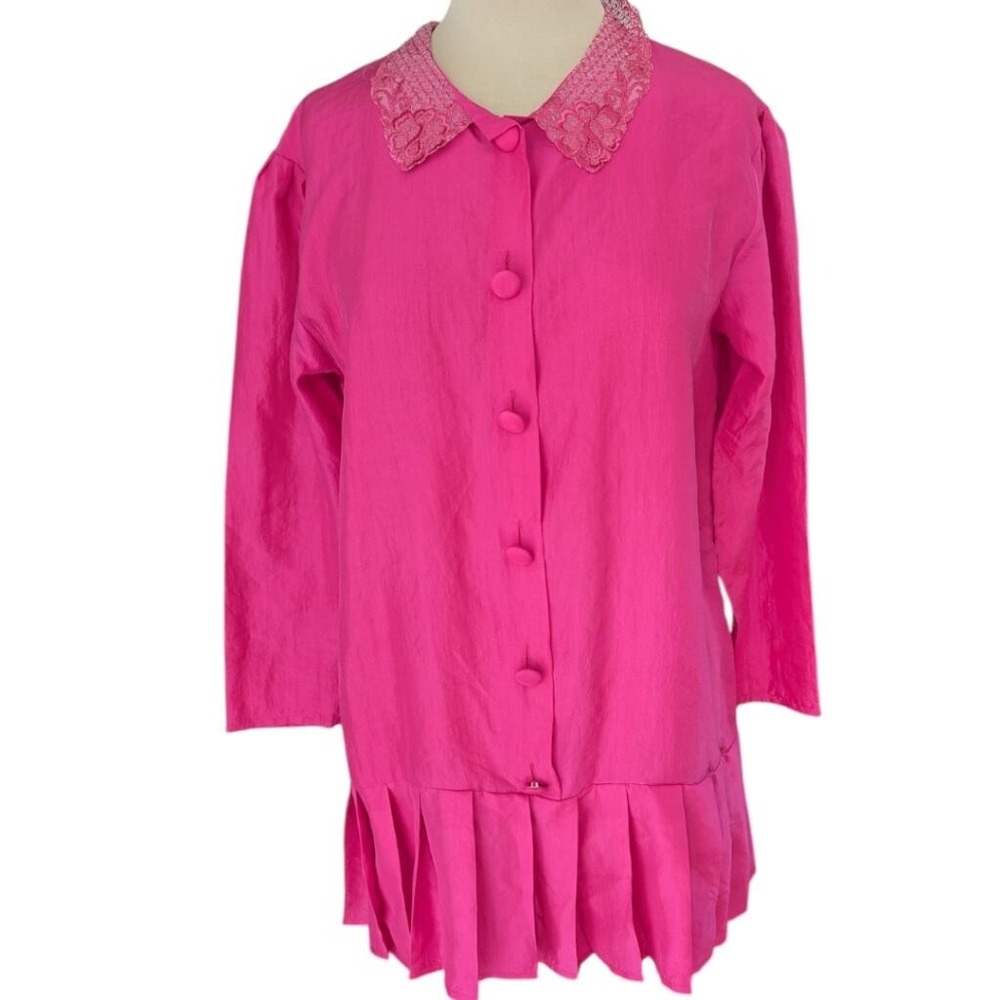 Vtg 100% Silk Pink Drop Waist Pleated Tunic Lace‎ Collar Long Sleeve Blouse Top